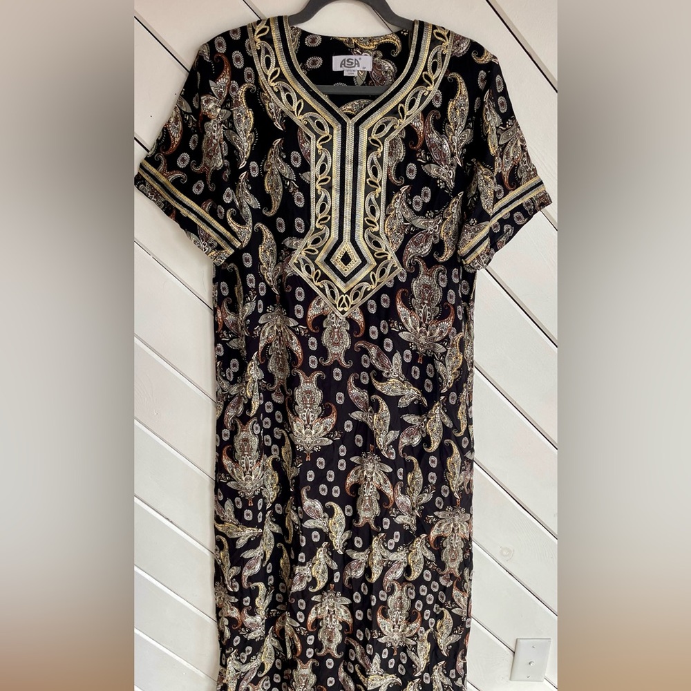 Black and Gold Paisley Maxi Dress Embroidered Boho